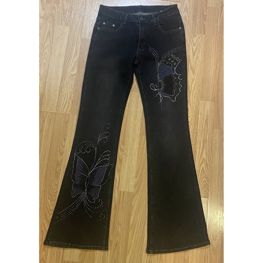 Romwe Women's Hippie Butterfly Embroidery Flared‎ Jeans Medium 30x32.5